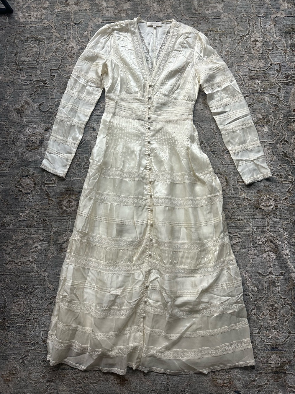 LoveShackFancy Ivory Lace Maxi Dress with Button Front